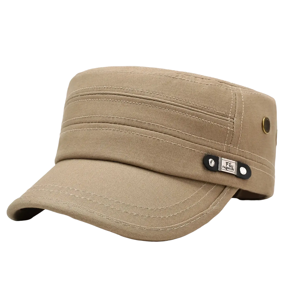 Beige cotton men sun hat with uv protection flat top design and black leather strap featuring f5 fashion logo
