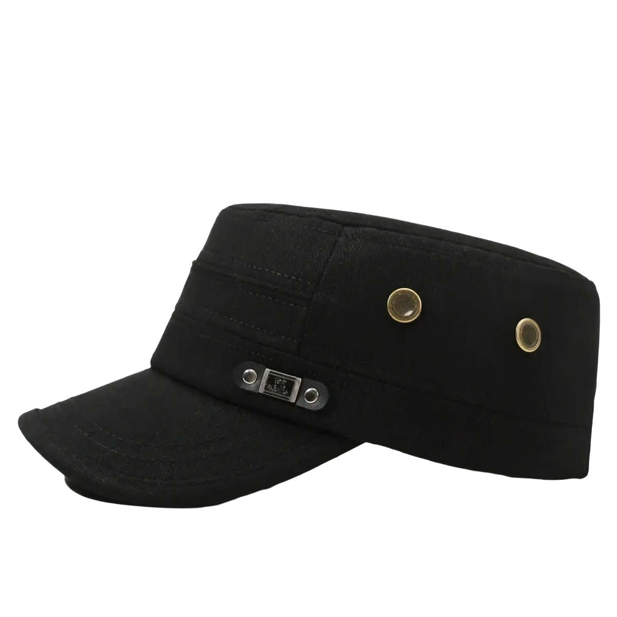 Men sun hat uv protection flat top cap in black cotton with gold button accents and silver metal plate on the brim