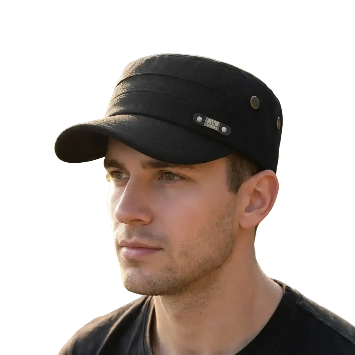 Black cotton men sun hat with structured brim and metallic button accents for uv protection and style