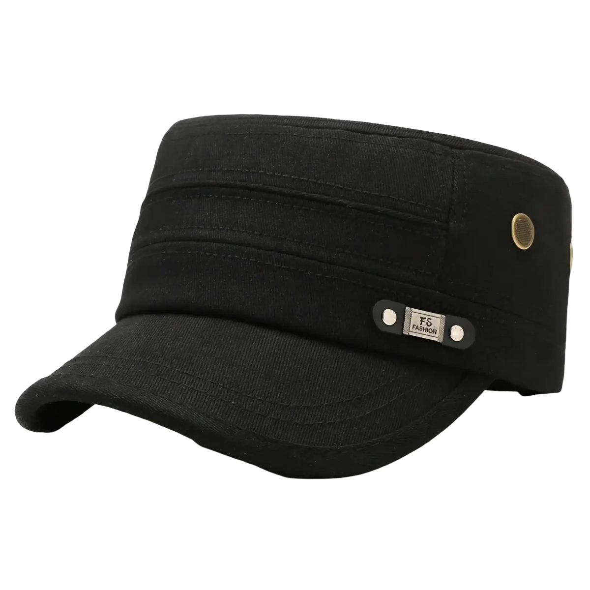 Black cotton men sun hat uv protection flat top cap with structured brim and gold tone button accents