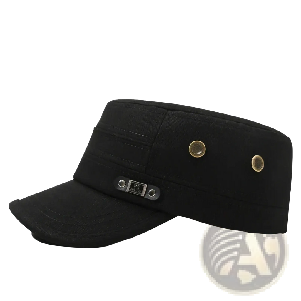 Men sun hat uv protection flat top cap in black cotton with gold button accents and silver metal plate on the brim