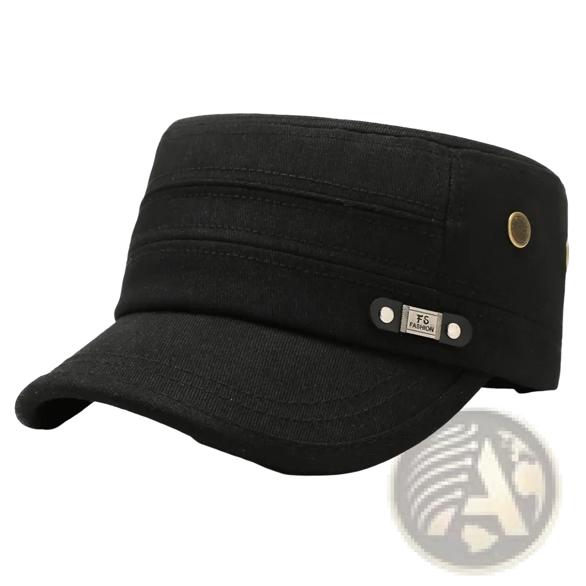 Black cotton men sun hat uv protection flat top cap with structured brim and gold tone button accents