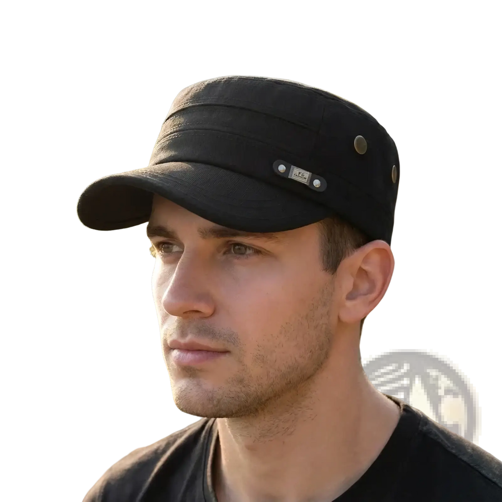 Men sun hat uv protection black cotton flat top cap with structured brim and metallic button accents