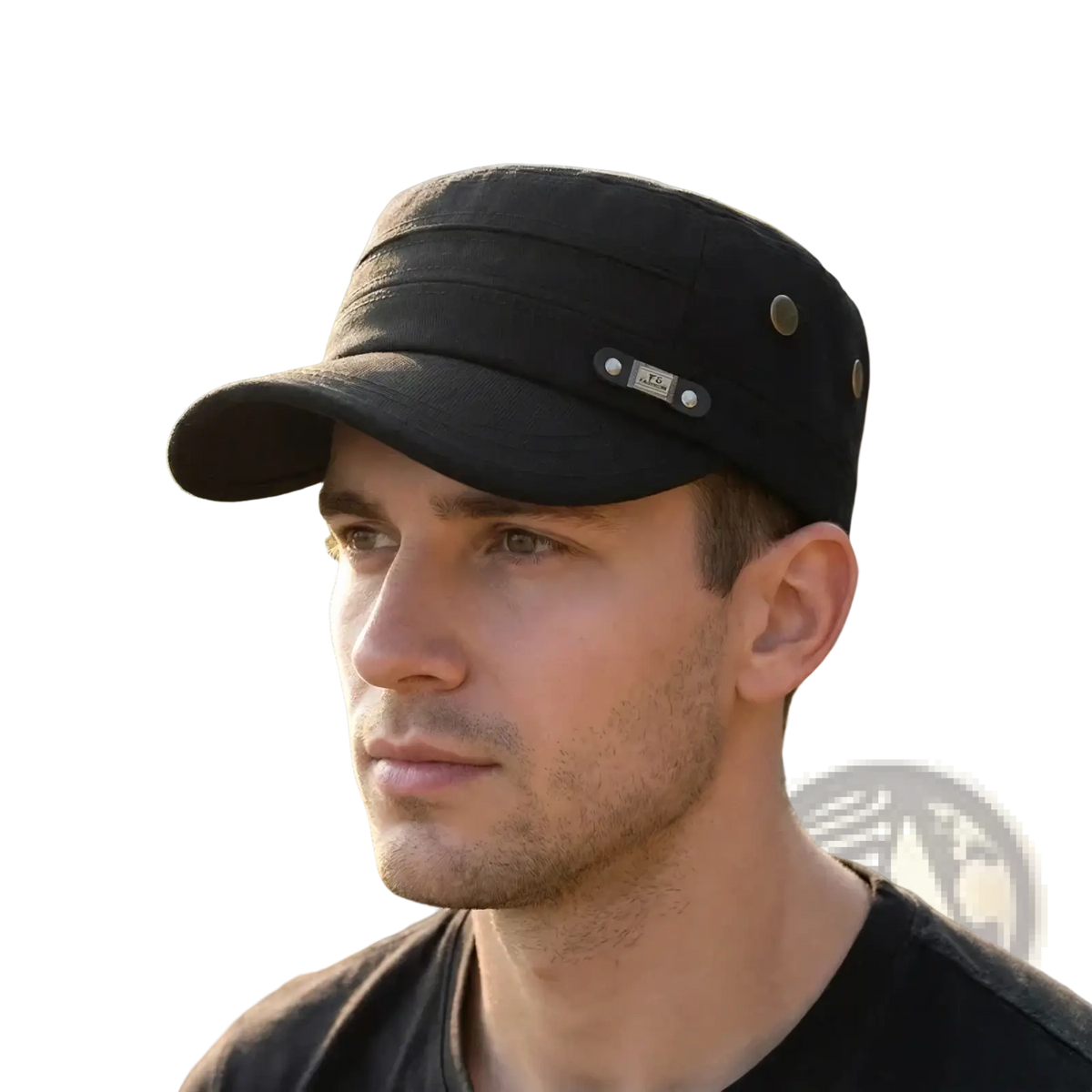 Men sun hat uv protection black cotton flat top cap with structured brim and metallic button accents