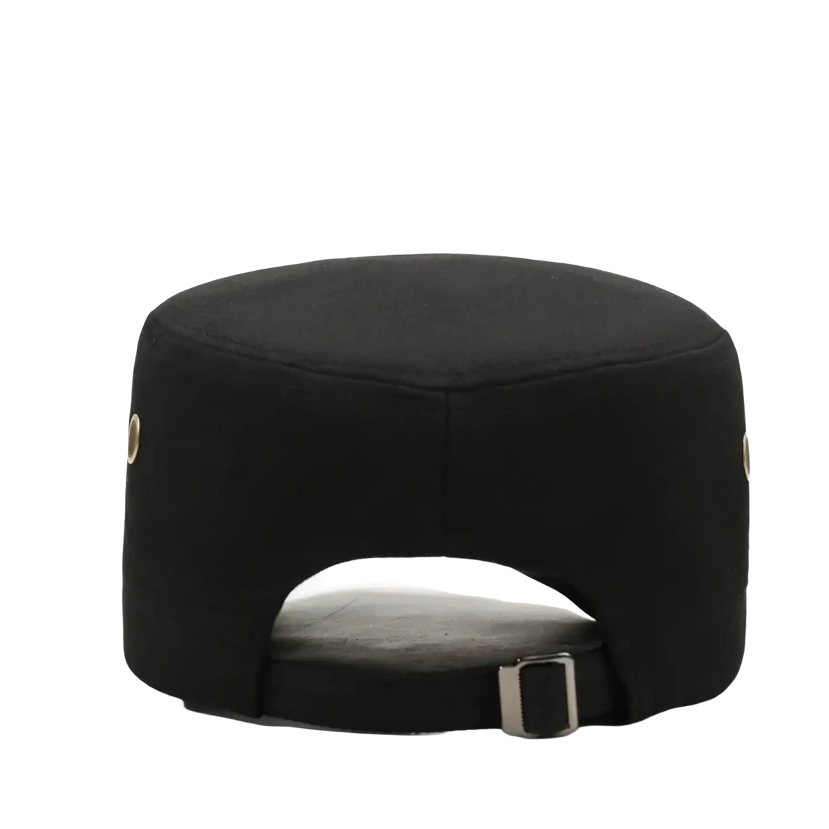 Black fabric men sun hat uv protection flat top cap with rounded crown and adjustable strap shown from the back side
