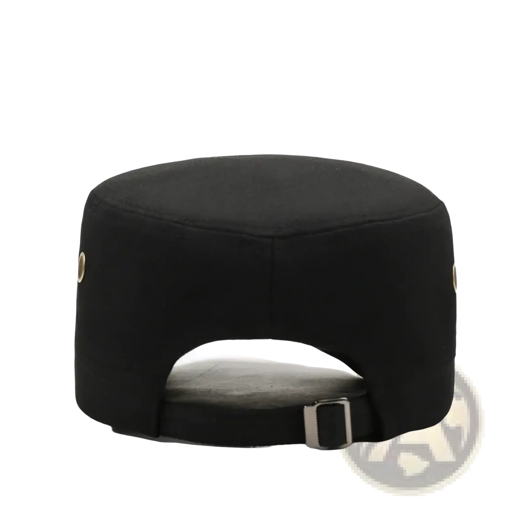 Black fabric men sun hat uv protection flat top cap with rounded crown and adjustable strap shown from the back side