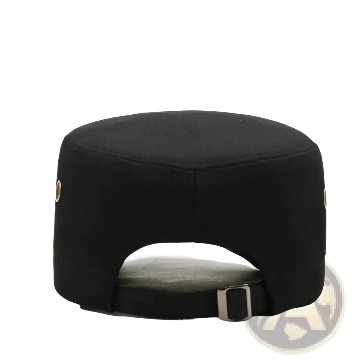 Black fabric men sun hat uv protection flat top cap with rounded crown and adjustable strap shown from the back side