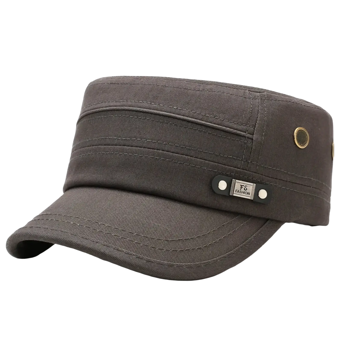 Men sun hat uv protection flat top cap in dark gray canvas with structured brim and black leather fs fashion strap