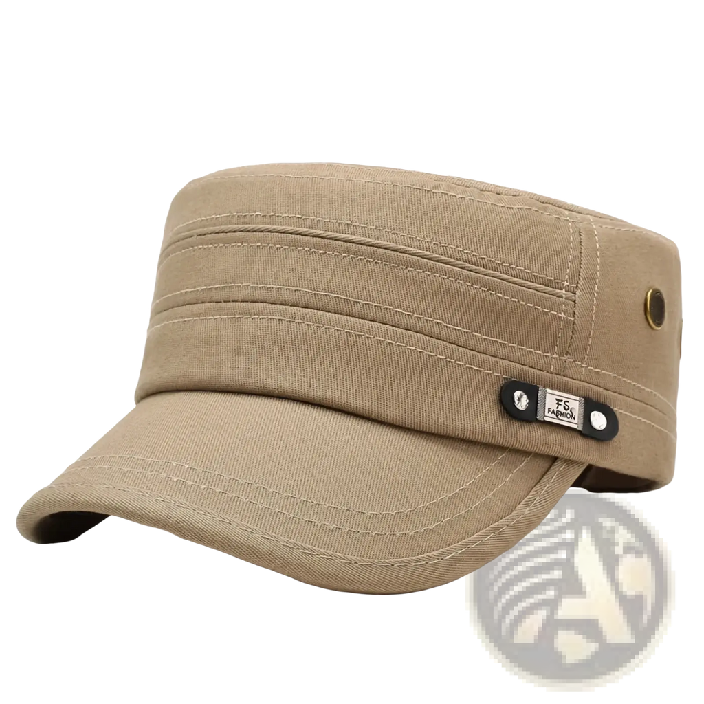 Beige cotton men sun hat with uv protection flat top design and black leather strap featuring f5 fashion logo