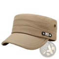 Beige cotton men sun hat with uv protection flat top design and black leather strap featuring f5 fashion logo