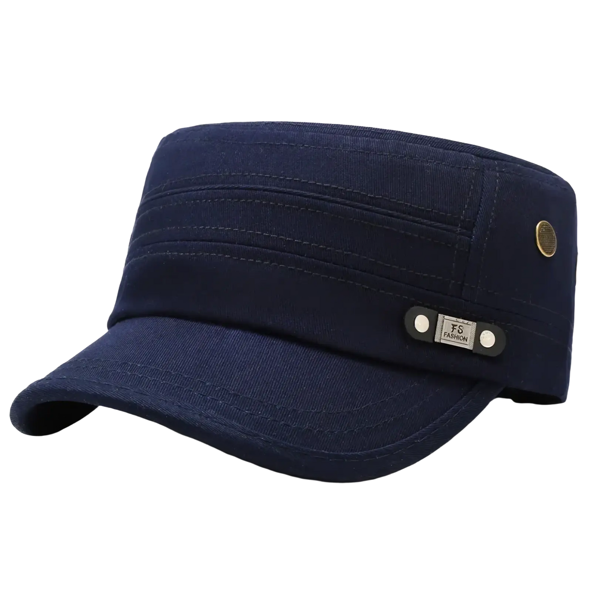 Navy blue cotton men sun hat uv protection flat top military-style cap with flat brim and stitched panel details