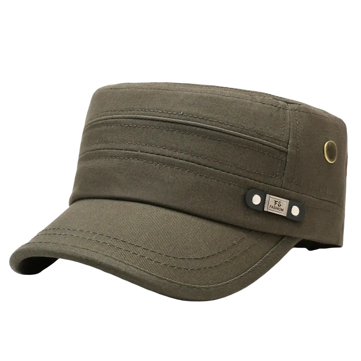 Men sun hat uv protection olive green canvas military-style flat top cap with flat brim and stitched detailing