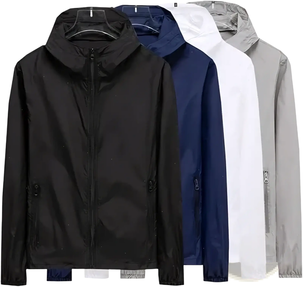 Men sun protection windbreaker jacket in black lightweight nylon with hood front zipper and side pockets