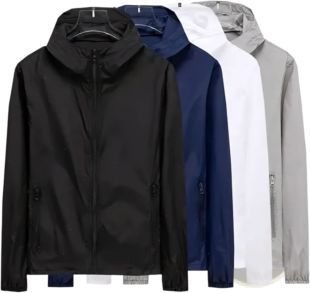 Men sun protection windbreaker jacket in black lightweight nylon with hood front zipper and side pockets