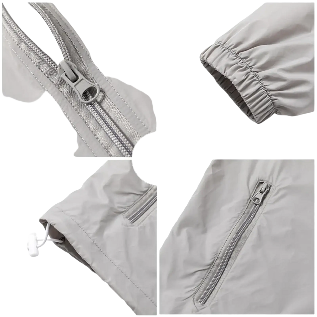 Men sun protection windbreaker jacket in light gray lightweight nylon with silver zippers and elastic cuffs