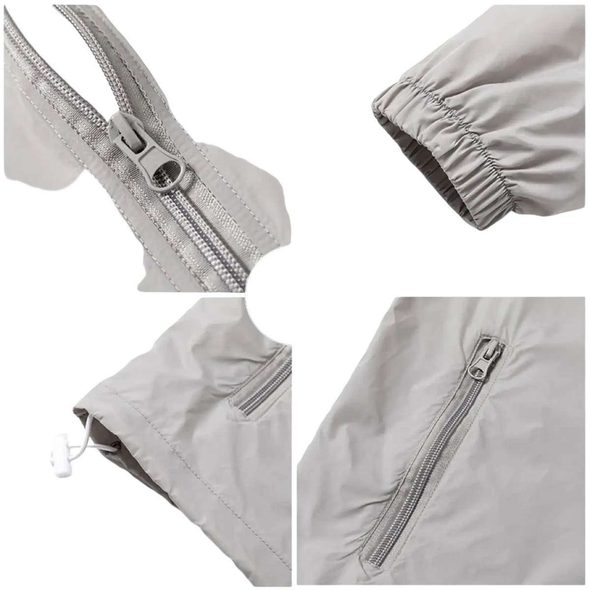 Men sun protection windbreaker jacket in light gray lightweight nylon with silver zippers and elastic cuffs