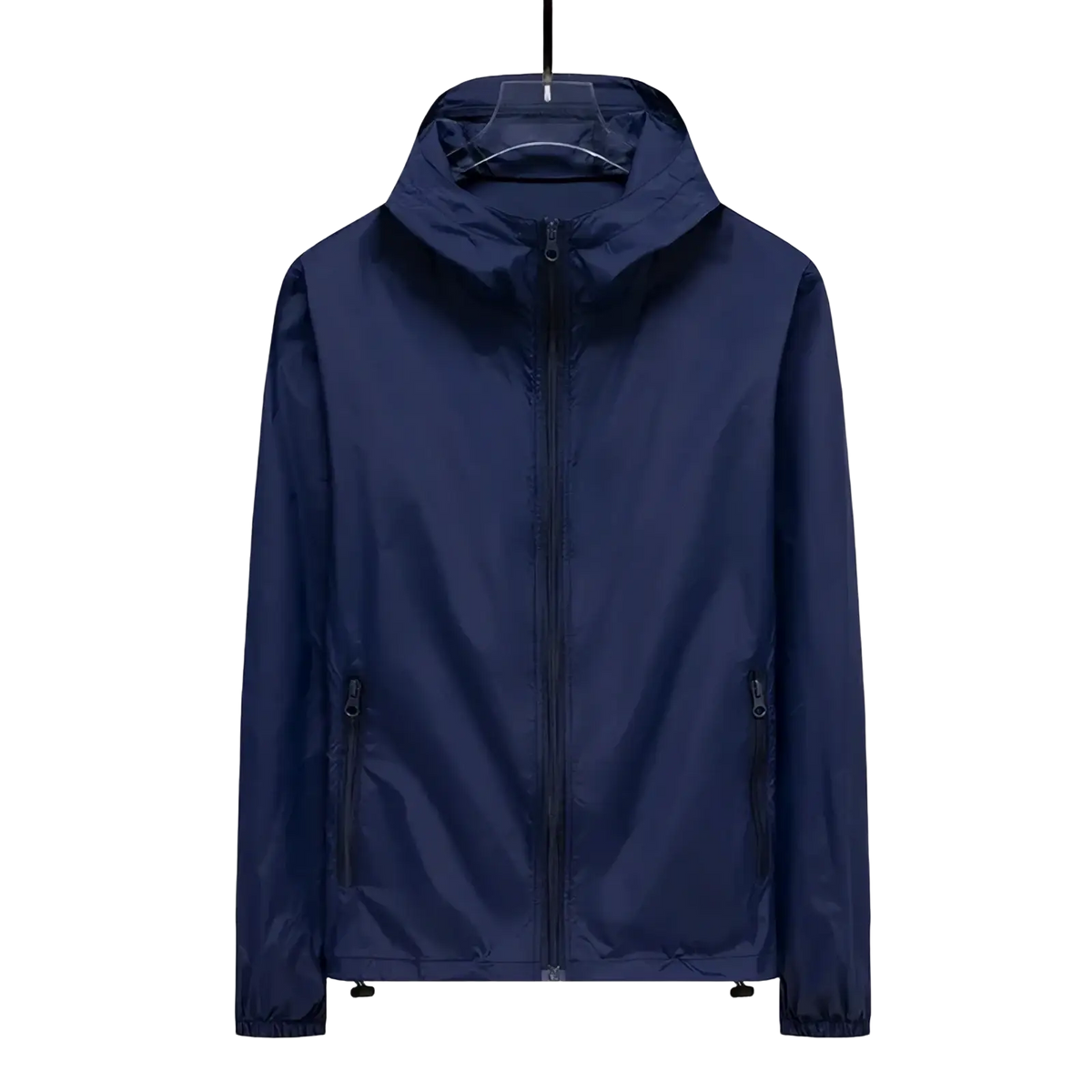 Men sun protection windbreaker jacket in navy blue waterproof fabric with black zipper and drawstring cuffs visible from the back