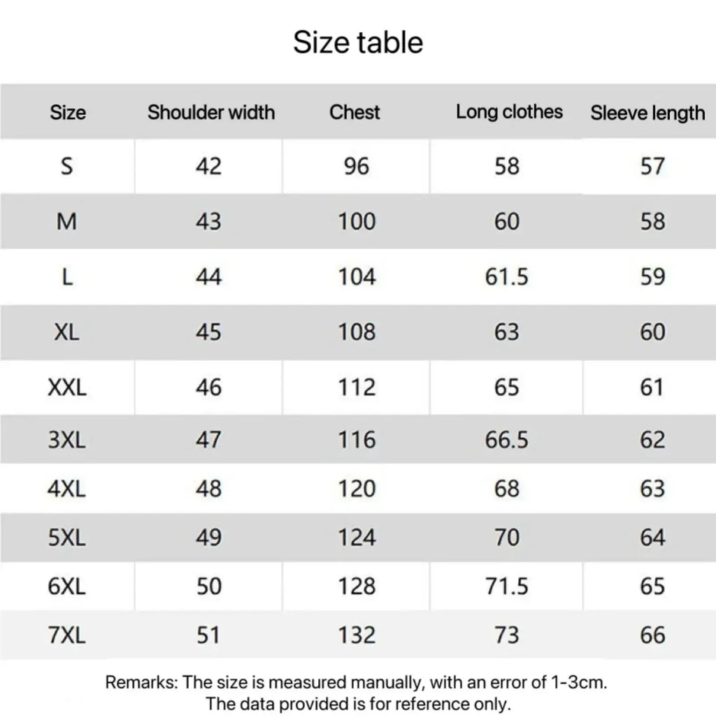 Size chart displaying measurements in centimeters for men sun protection windbreaker jacket sizes s through 7xl