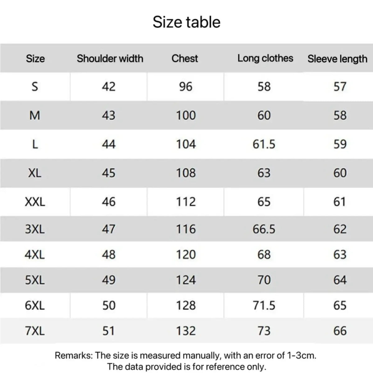 Size chart displaying measurements in centimeters for men sun protection windbreaker jacket sizes s through 7xl