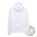 Men sun protection windbreaker jacket in white with a hood, full-length zipper, and two side pockets