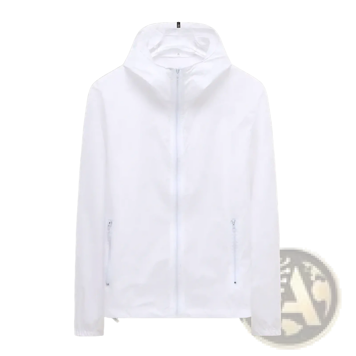Men sun protection windbreaker jacket in white with a hood, full-length zipper, and two side pockets