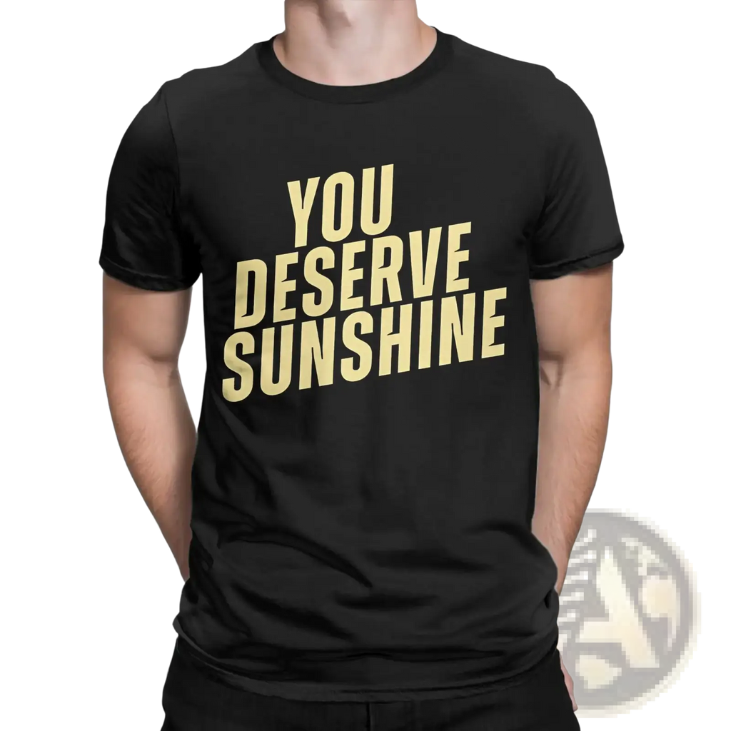 Men sunshine cotton t-shirt in black featuring bold gold lettering you deserve sunshine on the front