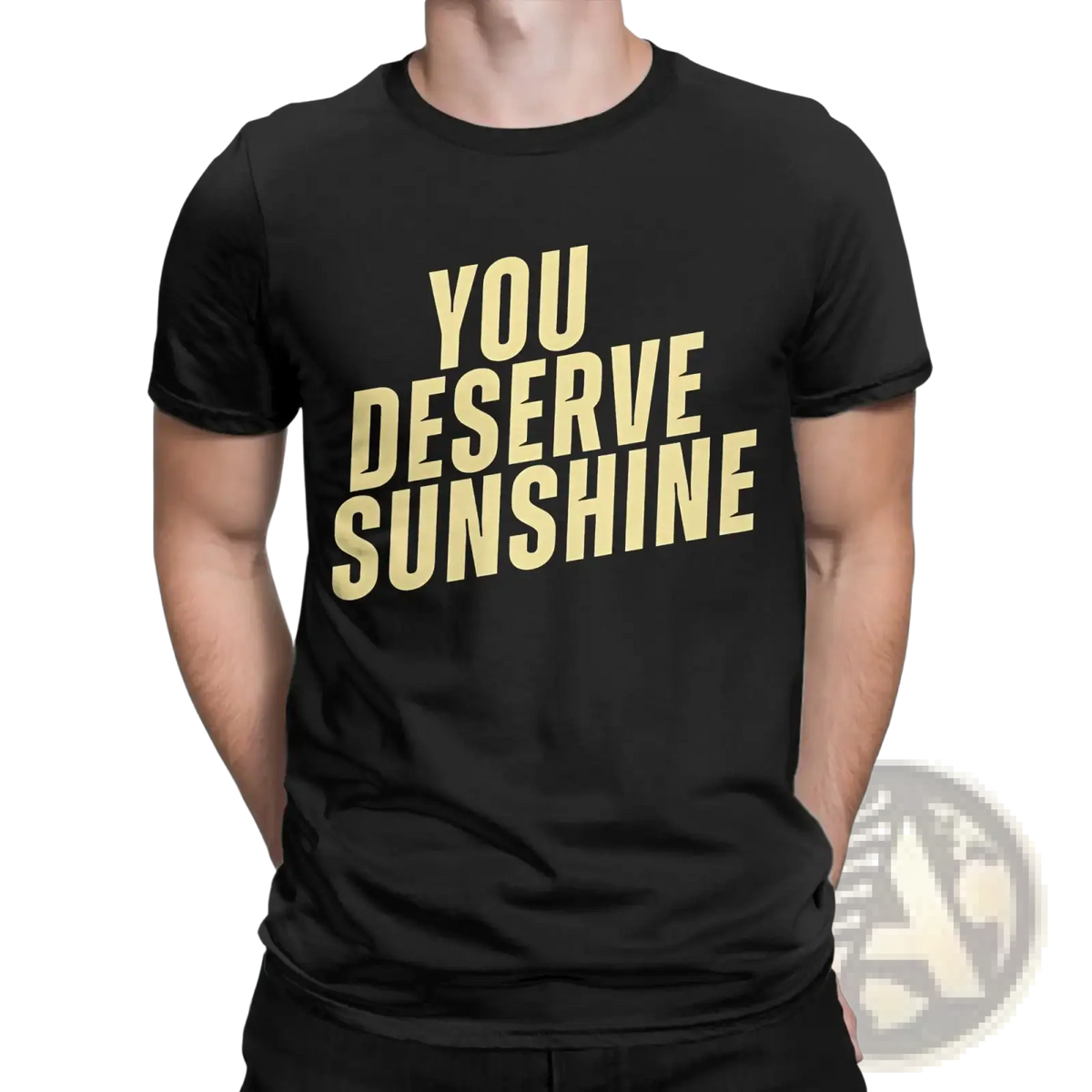 Men sunshine cotton t-shirt in black featuring bold gold lettering you deserve sunshine on the front