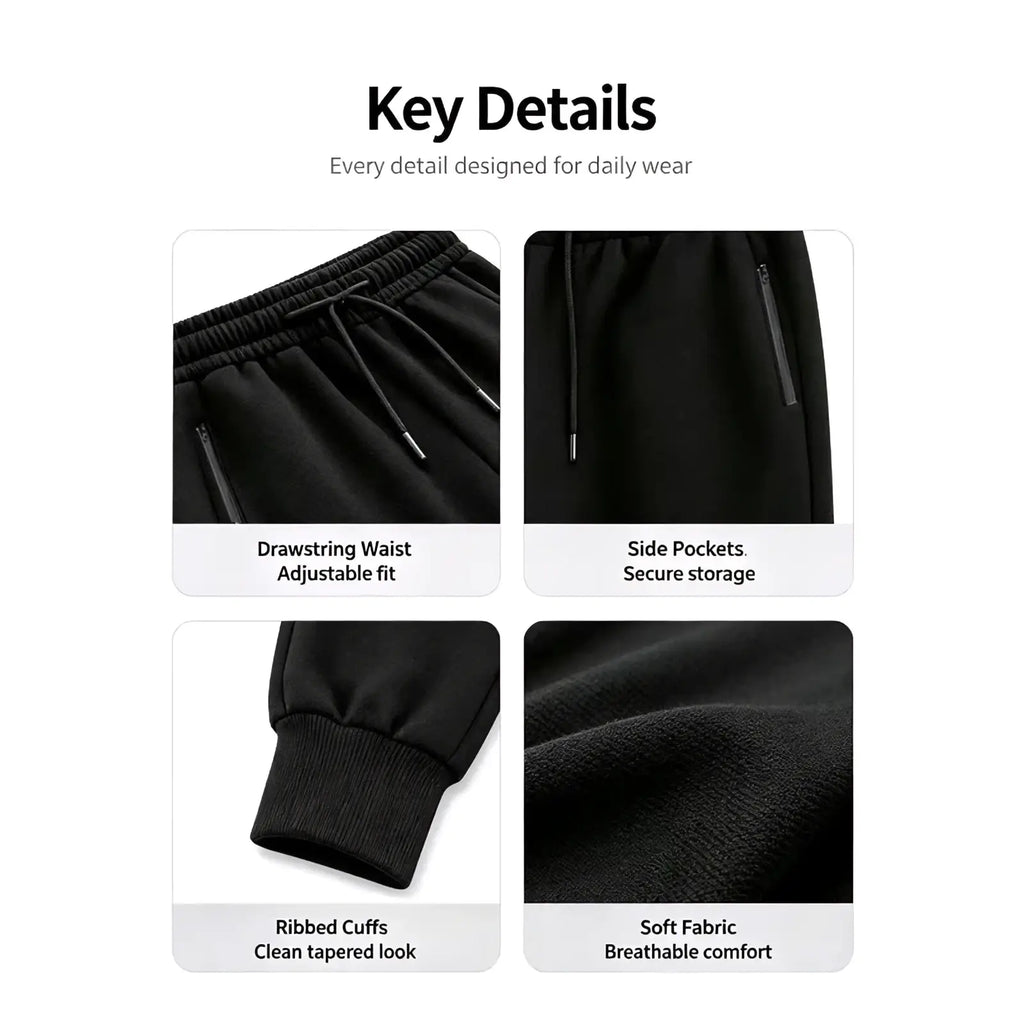 Black men sweatpants fleece joggers with adjustable drawstring waist side pockets ribbed cuffs and breathable fabric