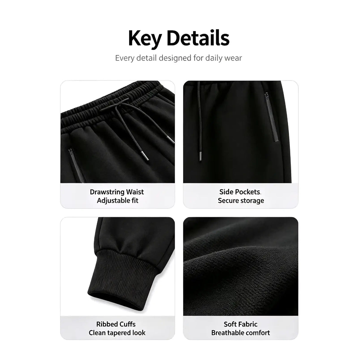 Black men sweatpants fleece joggers with adjustable drawstring waist side pockets ribbed cuffs and breathable fabric
