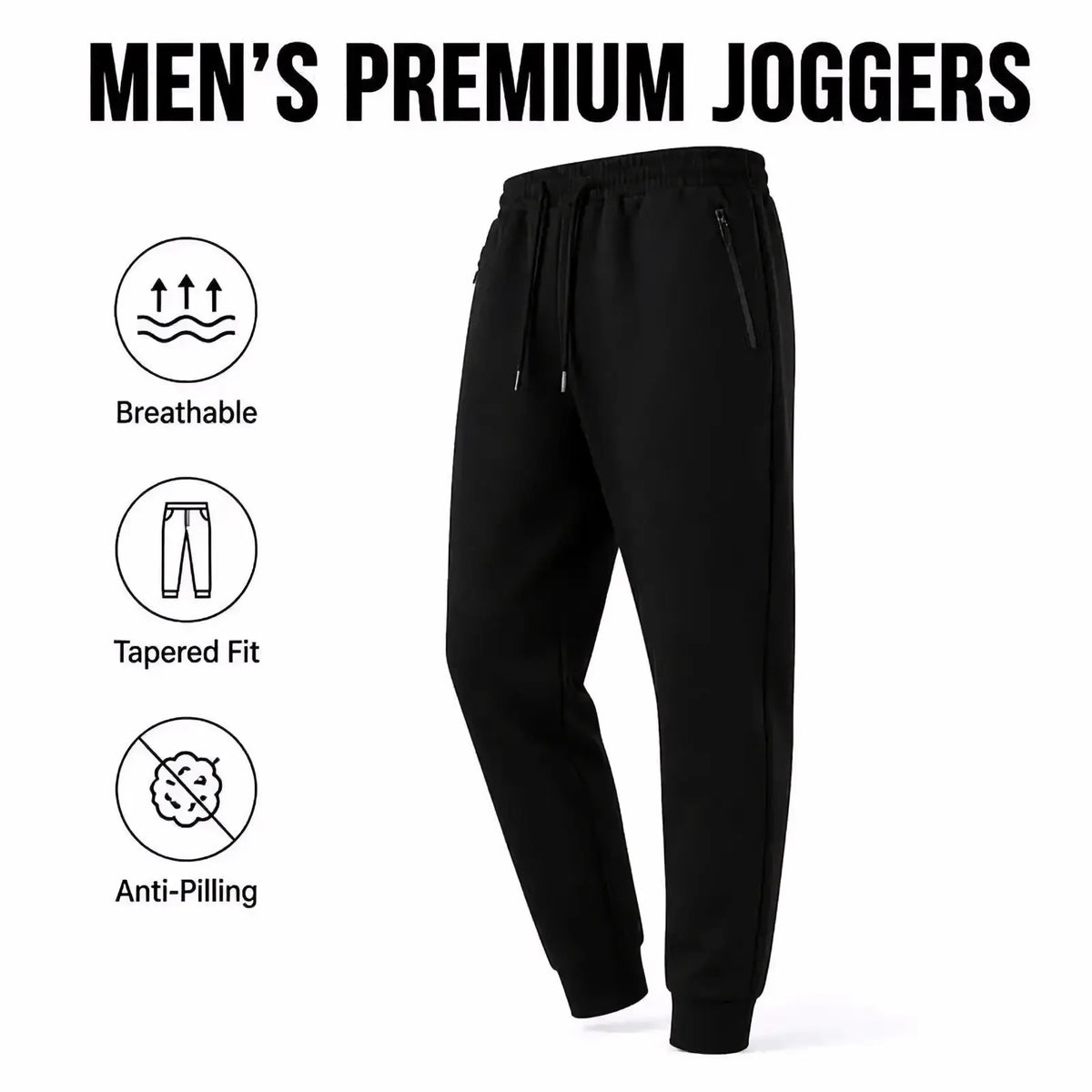 Black men sweatpants fleece joggers with tapered fit and drawstring waistband for casual athletic wear