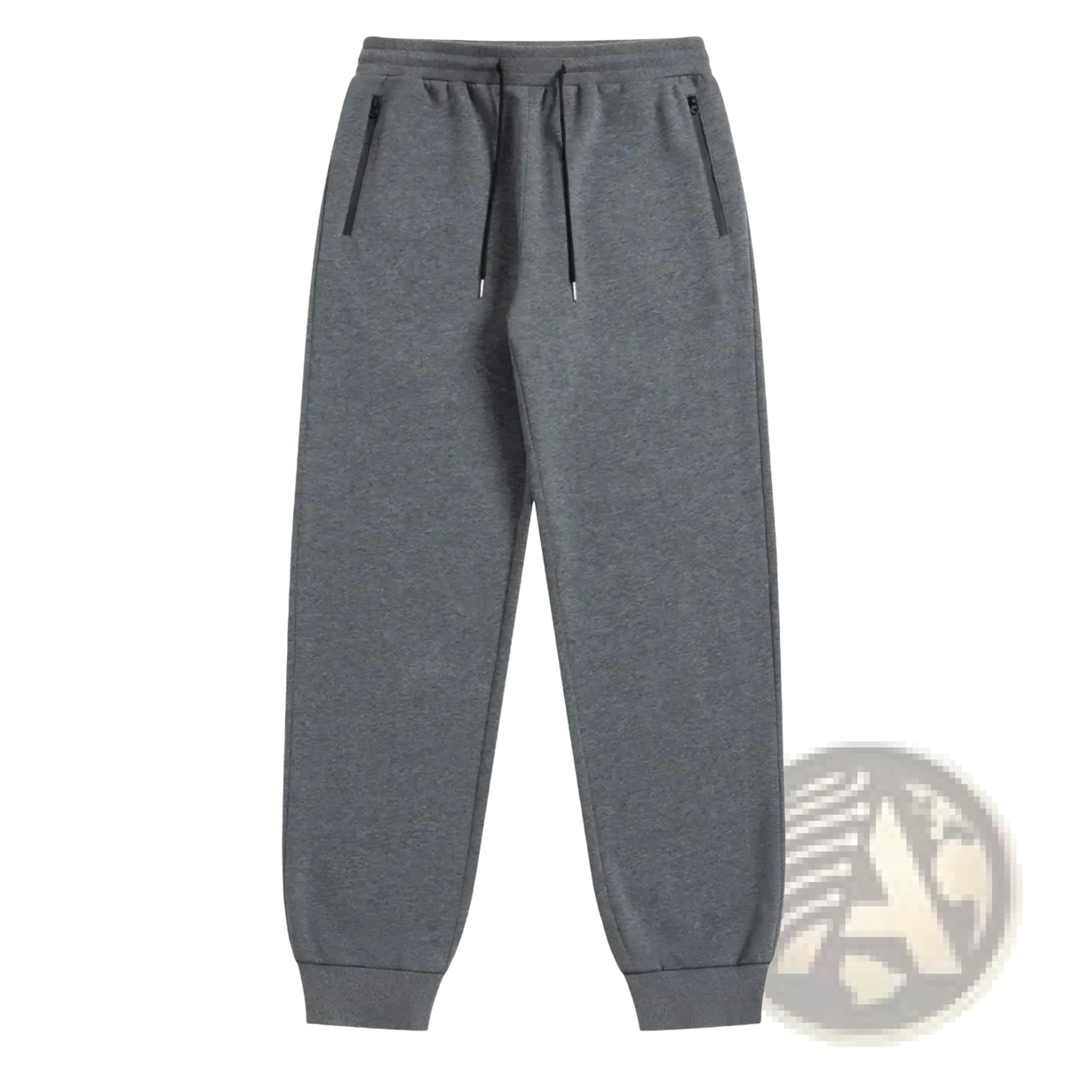 Men sweatpants fleece joggers in gray heather with black drawstrings and side zippers for casual athletic wear