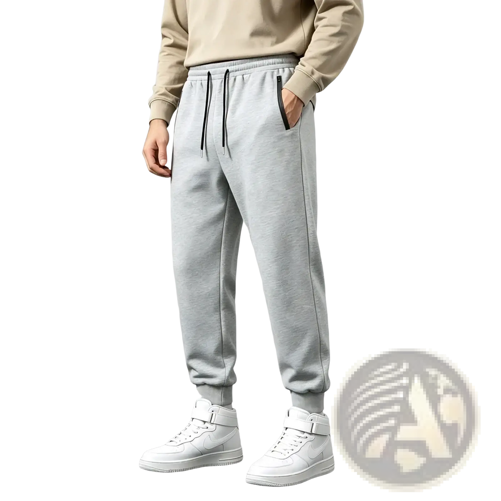 Light gray men sweatpants fleece joggers with black drawstrings and zipper pockets made of soft fleece material
