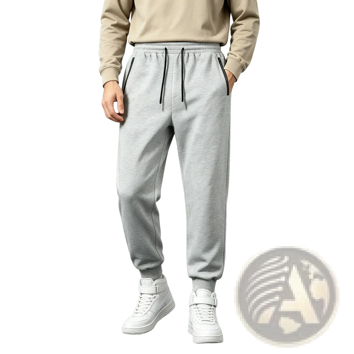 Men sweatpants fleece joggers in gray with black drawstrings and side pockets made of soft fleece for casual wear