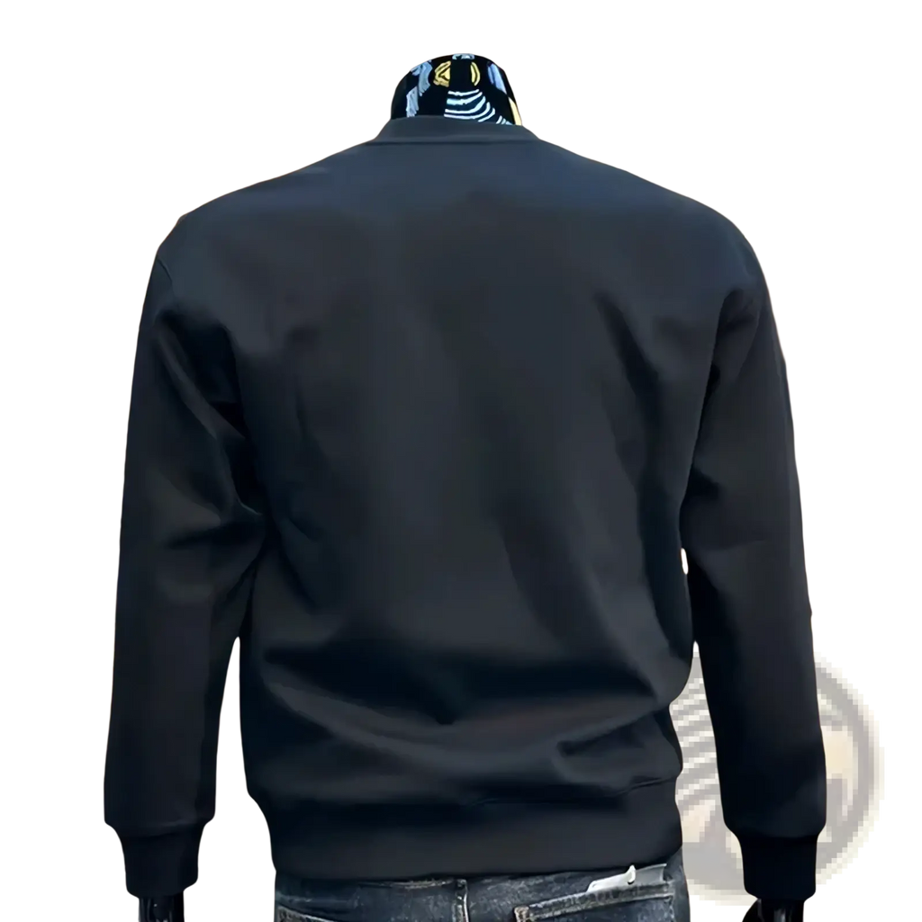 Black bomber jacket with ribbed cuffs and hem displayed on a mannequin for men casual sports pullover use
