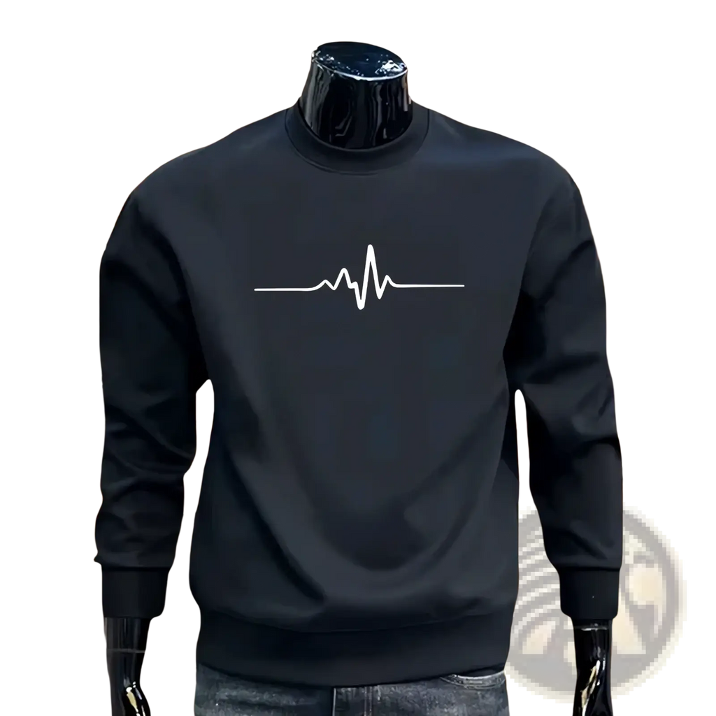 Men sweatshirt casual sports pullover black long-sleeved with white heartbeat line graphic on chest