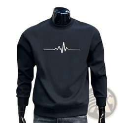 Men sweatshirt casual sports pullover black long-sleeved with white heartbeat line graphic on chest