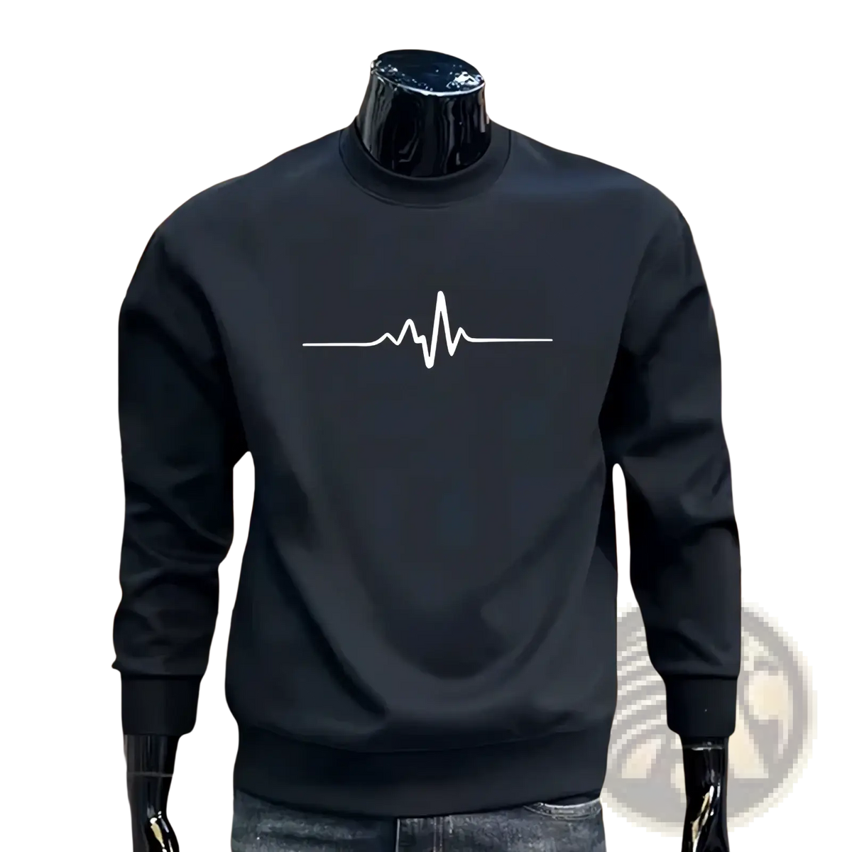 Men sweatshirt casual sports pullover black long-sleeved with white heartbeat line graphic on chest