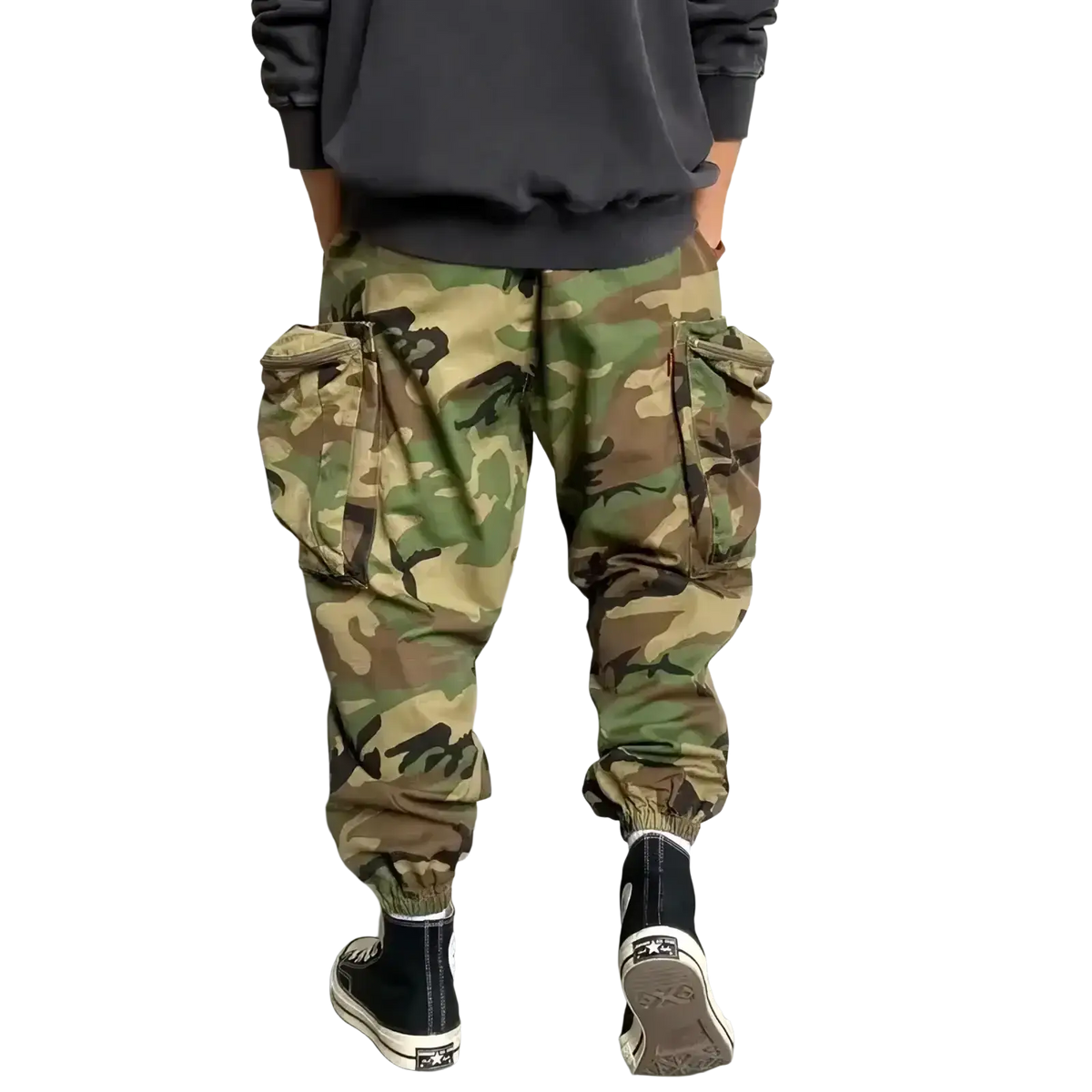 Men tactical camouflage cargo pants in green brown and black pattern featuring durable fabric and multiple pockets