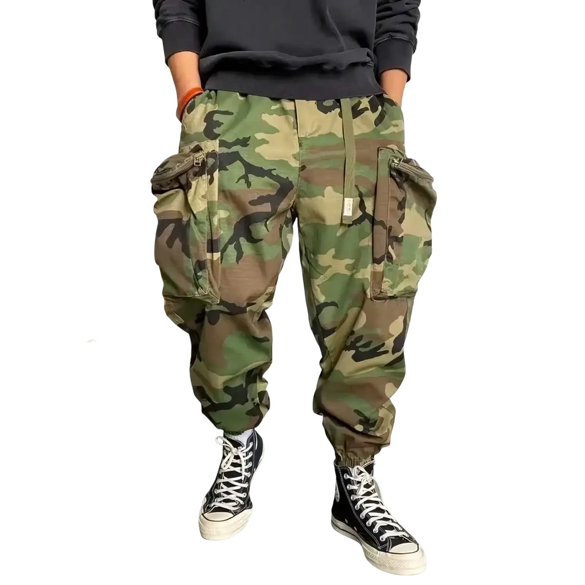 Men tactical camouflage cargo pants with multiple pockets and drawstring waist designed for outdoor use