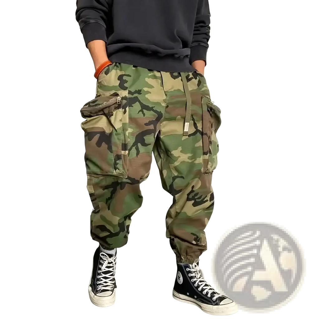 Men tactical camouflage cargo pants in green brown and black patterned fabric designed for outdoor use