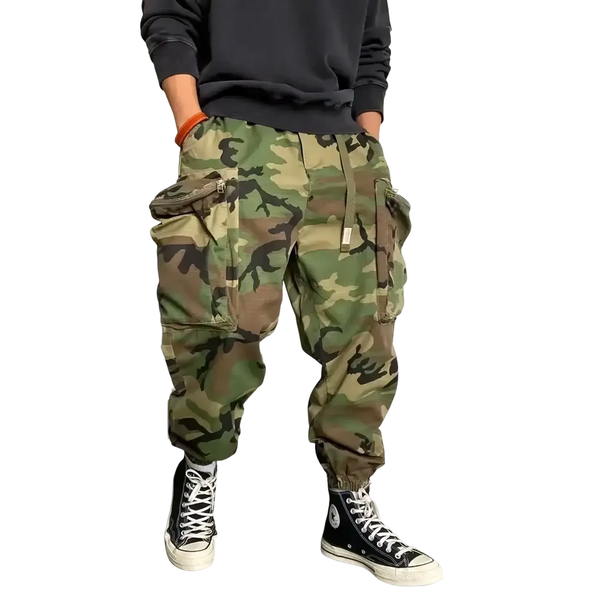 Men tactical camouflage cargo pants in green and brown with multiple pockets for tactical camouflage use