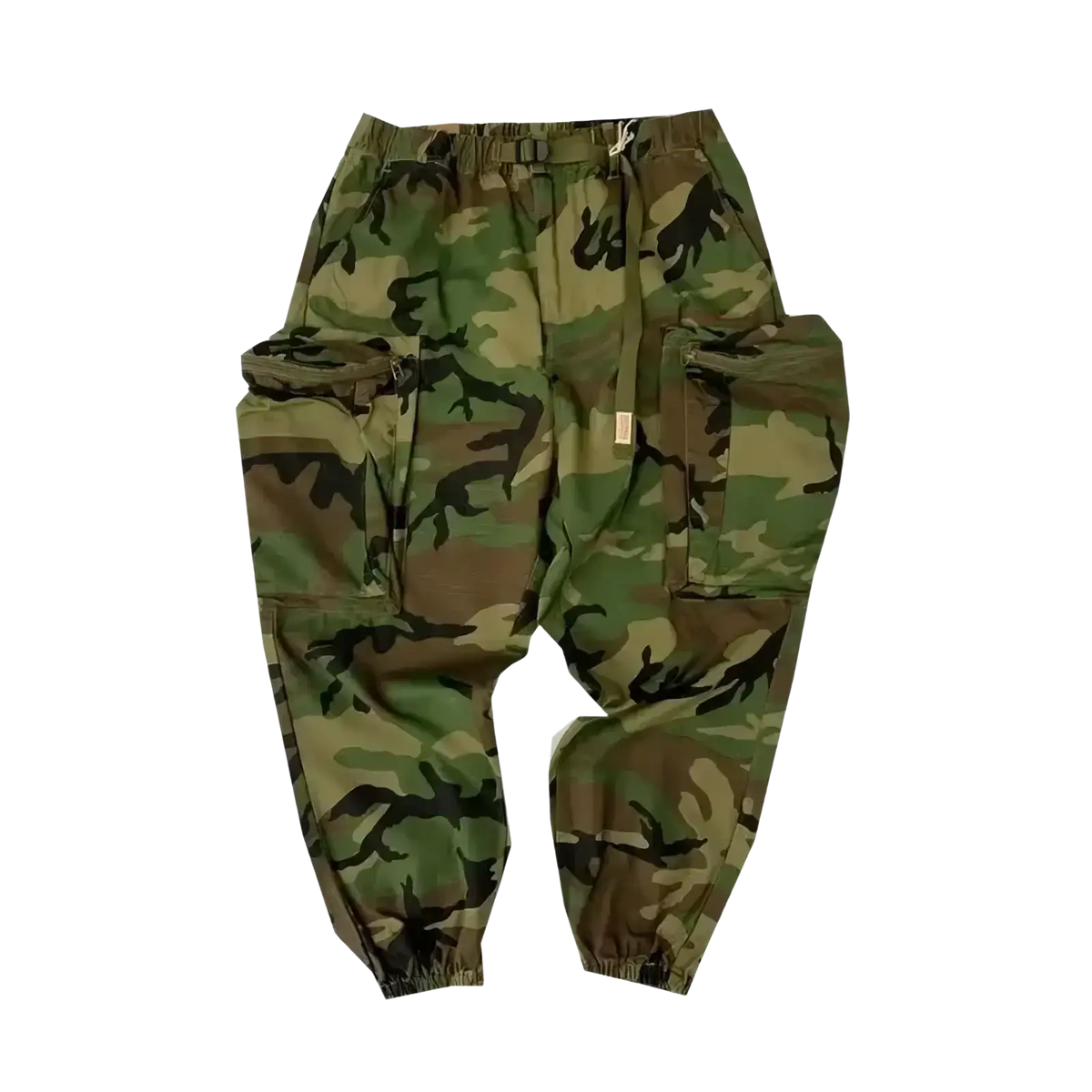 Men tactical camouflage cargo pants in green and brown with elastic waistband and drawstring for durable outdoor use