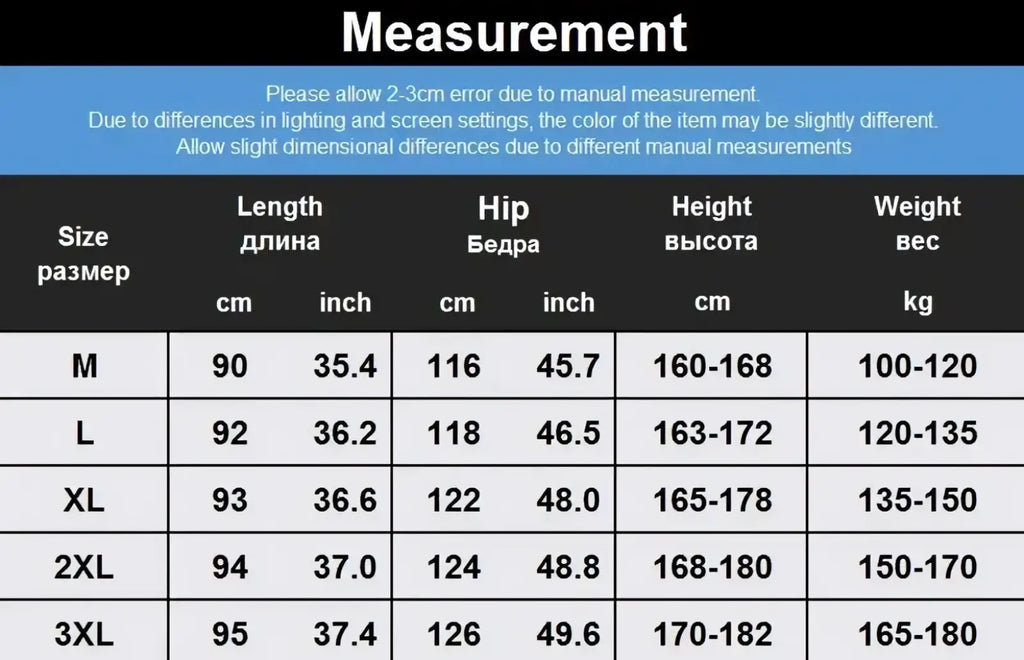 Size chart for men tactical camouflage cargo pants showing measurements in centimeters and inches for sizes M to 3XL
