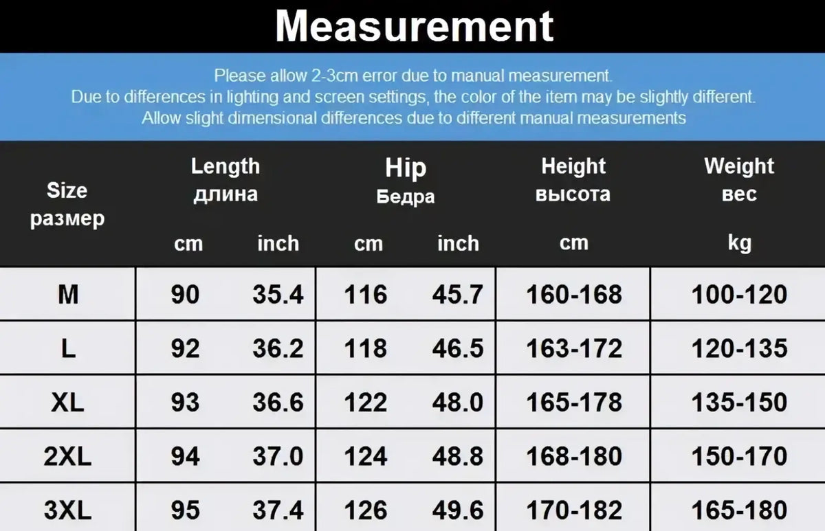 Size chart for men tactical camouflage cargo pants showing measurements in centimeters and inches for sizes M to 3XL