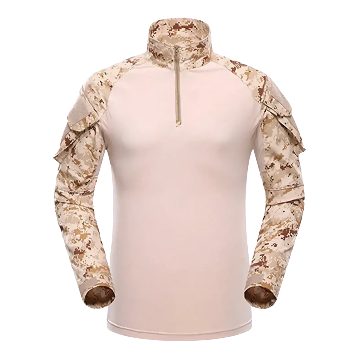 Beige and brown digital camouflage long sleeve tactical shirt with half-zip collar for men hiking use