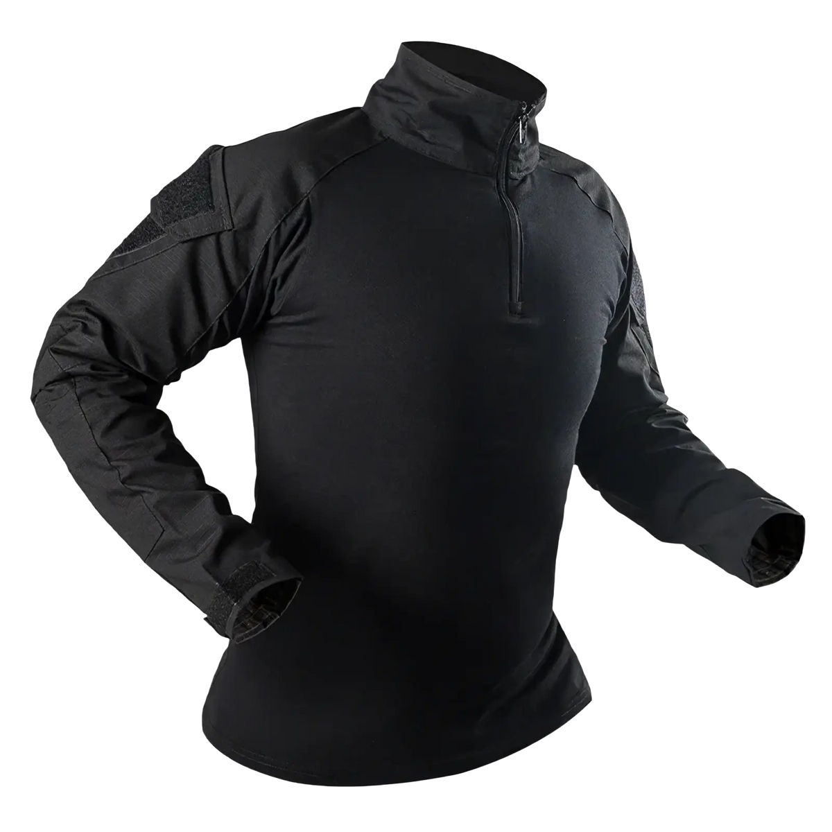 Men tactical camouflage long sleeve hiking shirt in black with half-zip collar and reinforced shoulder panels