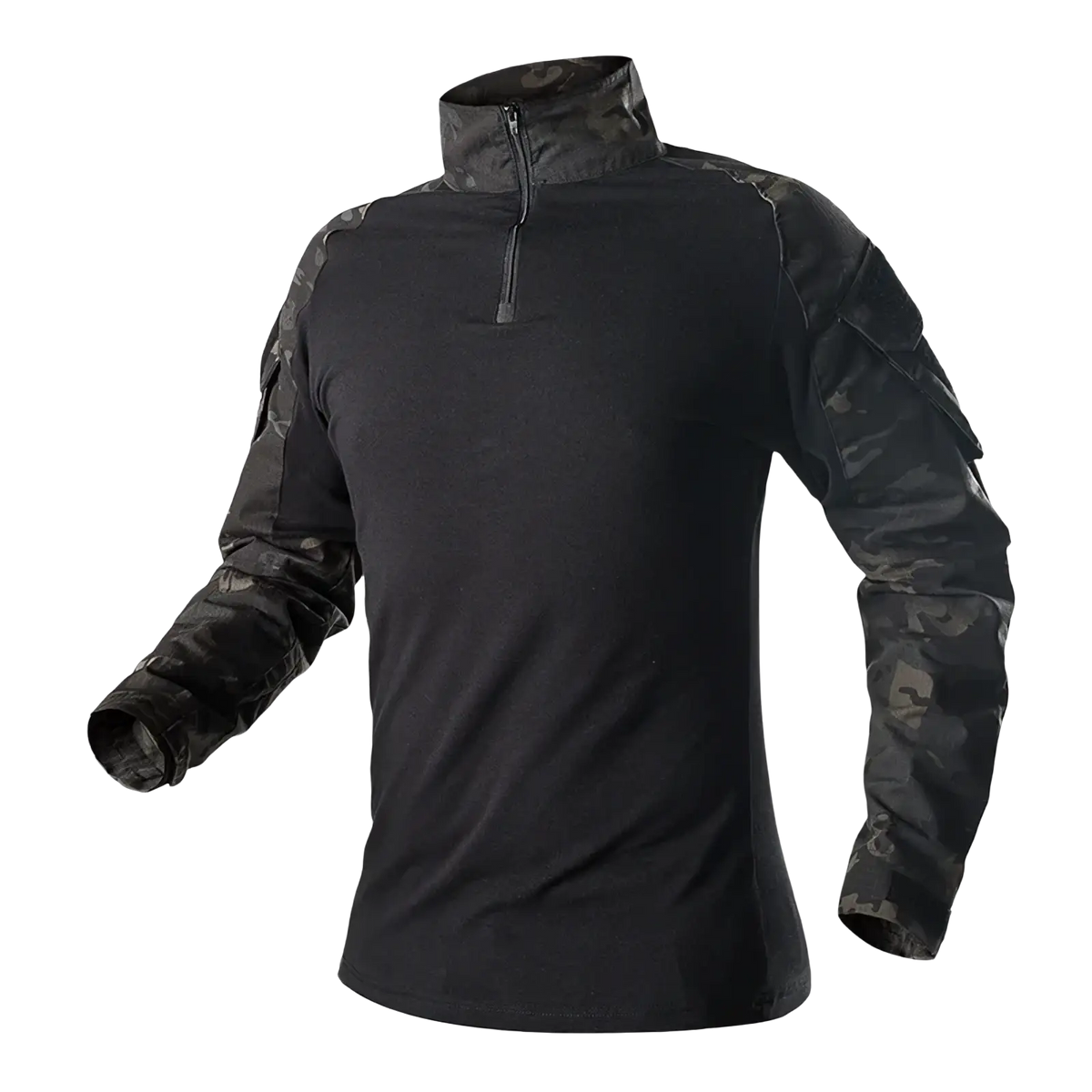 Men tactical camouflage long sleeve hiking shirt with black body, camouflage sleeves and collar, half-zip front