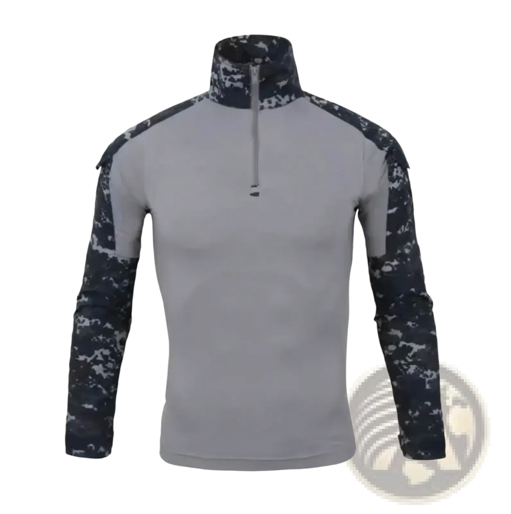 Men tactical camouflage long sleeve hiking shirt in gray and navy digital camouflage with half zip collar
