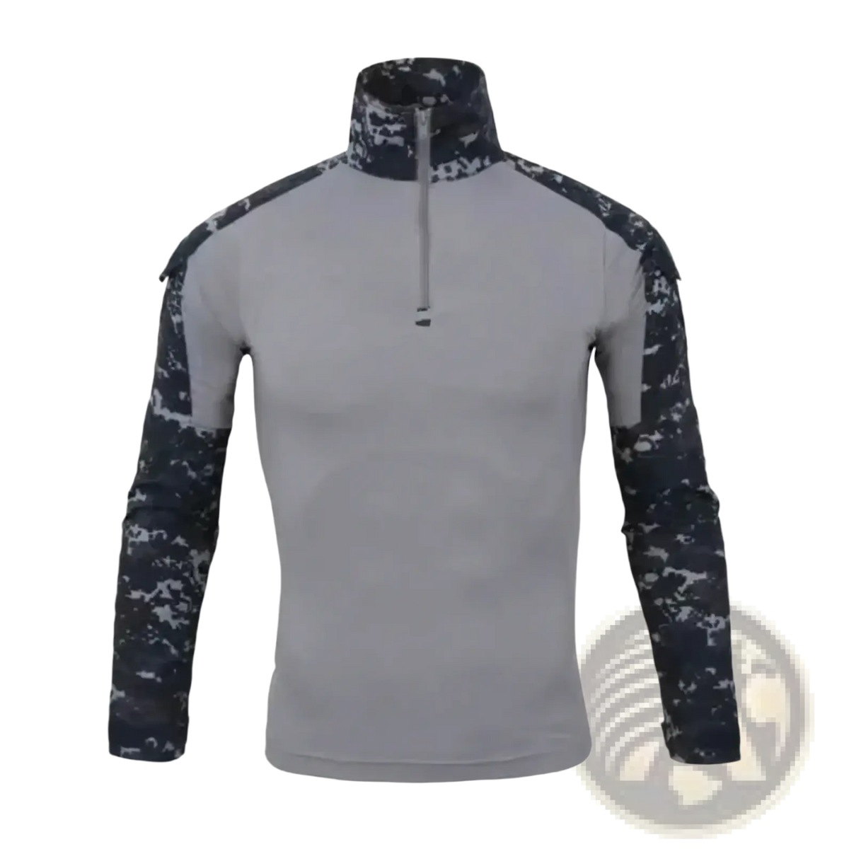Men tactical camouflage long sleeve hiking shirt in gray and navy digital camouflage with half zip collar