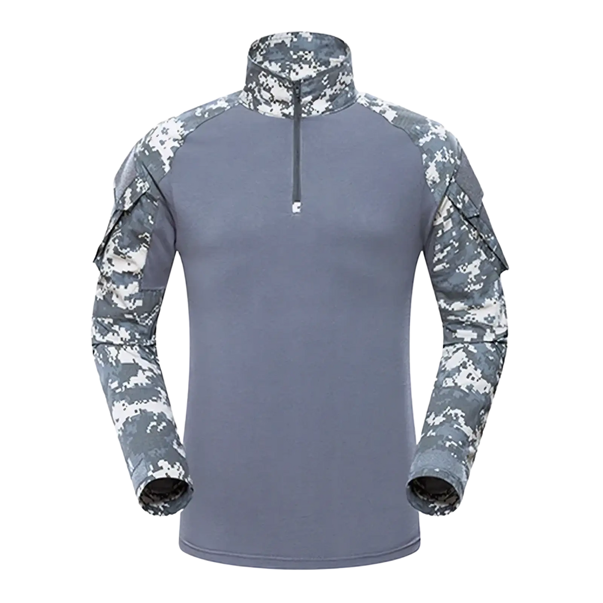 Men tactical camouflage long sleeve hiking shirt in gray and white digital camouflage with half-zip collar